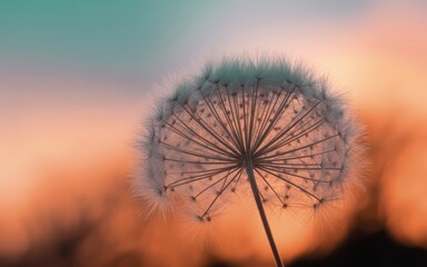 Fototapeta premium Delicate dandelion seed head backlit by soft orange and teal sunset sky