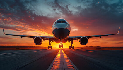 Commercial airplane on runway facing camera with wide wings under dramatic sunset sky and silhouette glow reflected on surface for travel, aviation, and transportation concept