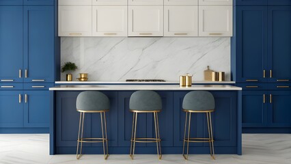 Vibrant Cobalt Blue Kitchen With Sleek Modern Bar Stools, Elegant Gold Hardware, And Luxe Marble Backsplash. Contemporary Cooking Space Blending Bold Color, Style, And Function