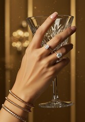 Elegant hand holding a champagne glass with diamond rings and bracelets