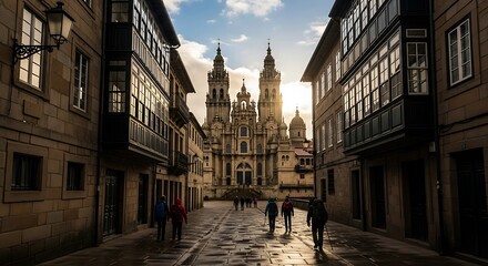 Fototapeta premium Pilgrims journey towards Santiago de Compostela Cathedral on wet stone path