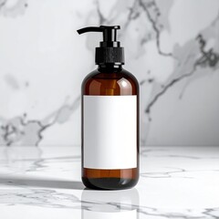 Amber bottle with black pump on marble, label space