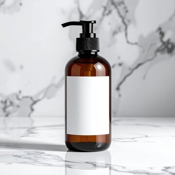 Amber bottle with black pump on marble, label space