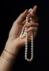 Elegant hand holding pearl necklace against black background