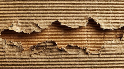 Cracked Cardboard: An abstract view of damaged cardboard. Showing rough edges and textures to convey ideas such as fragility, recycling, and the raw nature of packaging.