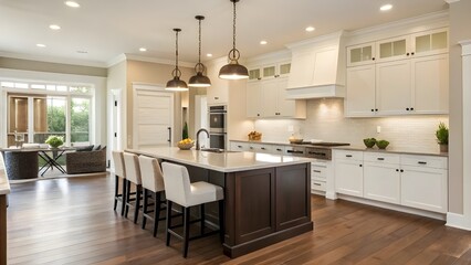 Contemporary Espresso And Cream Kitchen With Sleek Modern Island, Stylish Pendant Lights, And Warm Wood Flooring. Elegant Cooking Space Blending Rich Contrast, Function, And Comfort