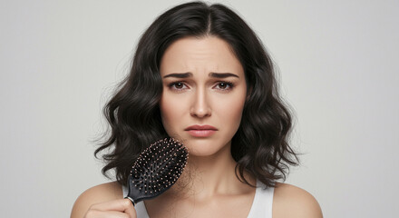 Woman concerned about hair loss, holding a brush filled with fallen hair
