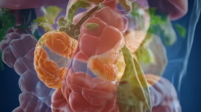 3D illustration of the pancreas and surrounding digestive system with fresh herbs