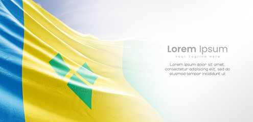 Saint Vincent and the Grenadines flag waving behind modern skyline. Saint Vincent and the...