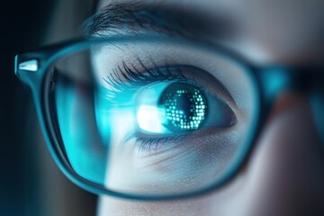 A close-up of a human eye behind glasses, with a digital display reflected in the iris, showcasing technology and vision.
