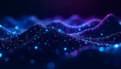 Abstract blue and purple glowing particles forming waves, creating a futuristic and dynamic background, with a dark and mysterious atmosphere