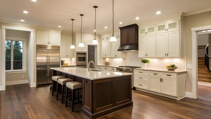 Contemporary Espresso And Cream Kitchen With Sleek Modern Island, Stylish Pendant Lights, And Warm Wood Flooring. Elegant Cooking Space Blending Rich Contrast, Function, And Comfort