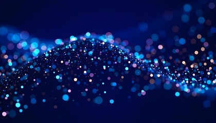 Abstract blue and purple glowing particles forming waves, creating a futuristic and dynamic background, with a dark and mysterious atmosphere