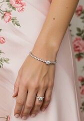 Elegant hand showcasing diamond bracelet and ring on pink floral background