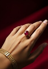 Elegant hand showcasing a ruby ring and gold bracelet against a red background