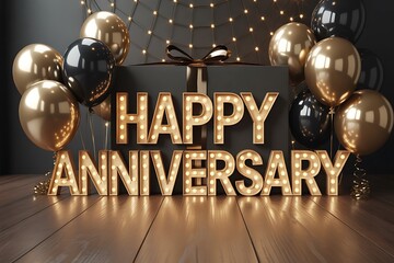 Stunning happy anniversary celebration with glowing marquee letters and elegant balloons, perfect for invitations and heartfelt greetings today