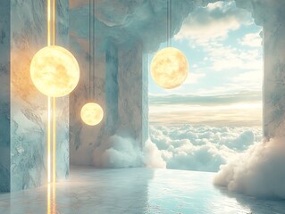 Ethereal celestial spheres illuminating a surreal, cloudy indoor landscape