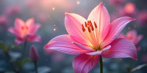 Naklejka premium A Delicate Pink Lily in Soft Sunlight, Glimmering with Magical Dust, Surrounded by a Field of Blossoms