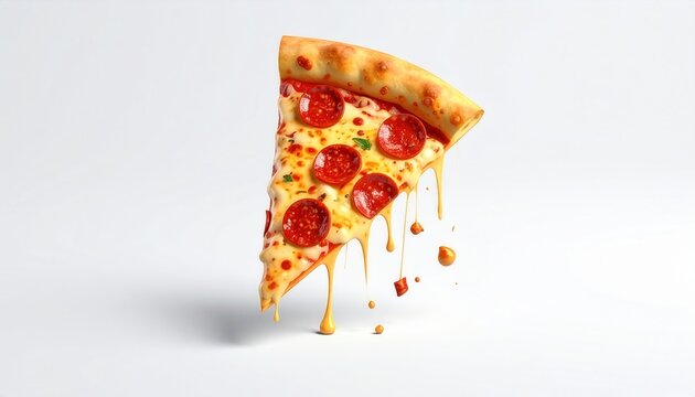 Delicious slice of pizza featuring pepperoni and melted cheese with drizzles, captured against a clean white background, evoking feelings of hunger and culinary delight.