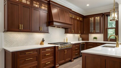 Elegant Mahogany Kitchen With Classic Cabinetry, Gleaming Quartz Counters, And Refined Brass Fixtures. Timeless Cooking Space Showcasing Warmth, Luxury, And Lasting Sophistication