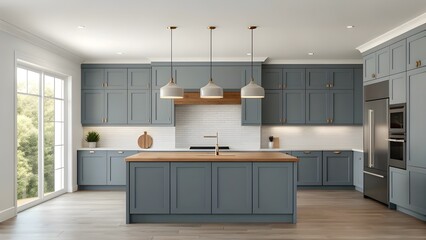 Sophisticated Slate Blue Kitchen With Minimalist Design, Warm Wood Accents, And Modern Pendant Lighting. Contemporary Cooking Space Blending Style, Function, And Comfort