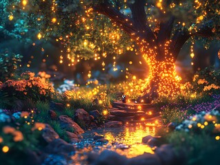 Enchanted woodland stream glows with whimsical fairy lights and tranquil aura
