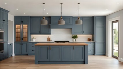 Sophisticated Slate Blue Kitchen With Minimalist Design, Warm Wood Accents, And Modern Pendant Lighting. Contemporary Cooking Space Blending Style, Function, And Comfort