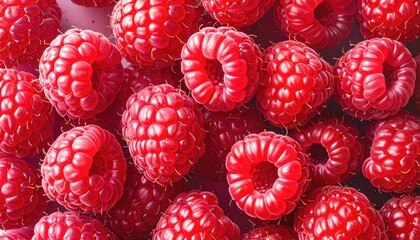 Pile of vibrant red raspberries; juicy, textured delight