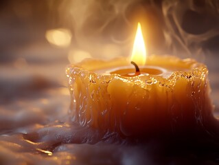 Glowing candle illuminating a soft ambiance with melting wax effects and smoke