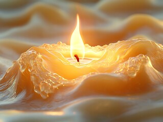 A single candle burning brightly with warm light illuminating textured wax surface