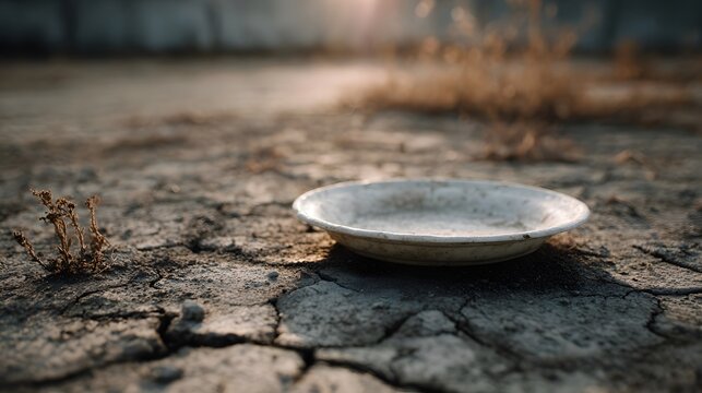 An empty worn plate sits on dry cracked earth under warm natural sunlight evoking themes of scarcity and hardship in an arid landscape