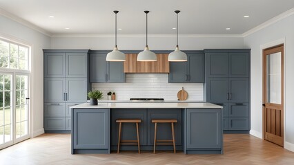 Sophisticated Slate Blue Kitchen With Minimalist Design, Warm Wood Accents, And Modern Pendant Lighting. Contemporary Cooking Space Blending Style, Function, And Comfort