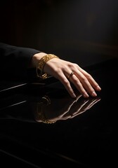 Elegant hand wearing gold bracelet and ring against a dark backdrop