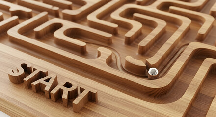 Wooden labyrinth puzzle with ball starting at the beginning point strategic challenge