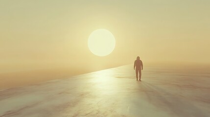 Solitary figure embarks on a journey towards a radiant sun in a serene landscape