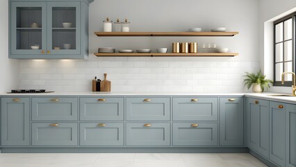 Modern Smoky Blue Kitchen With Minimalist Design, Elegant Brass Hardware, And Open Shelving. Stylish Contemporary Cooking Space Featuring Clean Lines, Functionality, And Charm