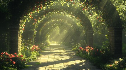 Serene Pathway Through Enchanted Garden Arches Bathed in Golden Light