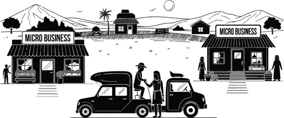 Obraz premium Vector art of vector illustration of micro business in rural area black and white silhouette of small business