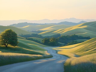 Serene winding road through rolling hills illuminated by golden light creating picturesque