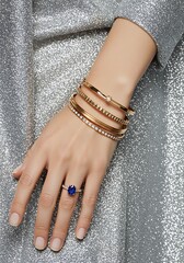 Elegant hand with bracelets and ring on shiny background for jewelry ads
