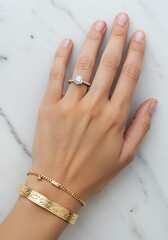 Elegant hand with diamond ring and gold bracelets against a light marble backdrop