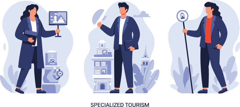 Vector art of specialized tourism concept with historical tour guide, culinary expert, and art connoisseur
