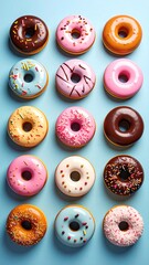 Array of colorful donuts on light blue background