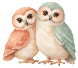 Fototapeta premium Two adorable owls standing close together isolated on transparent background.