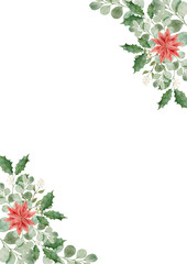 Digital watercolor bottom corner arrangement with Poinsettia flowers and classic Holly leaves, perfect for traditional Christmas card borders.