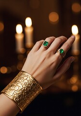Elegant hand with emerald rings and gold bracelet against candlelight