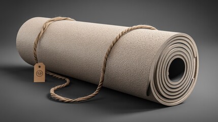 Realistic 3D render of a beige yoga mat rolled up calm and minimalist for fitness studio branding