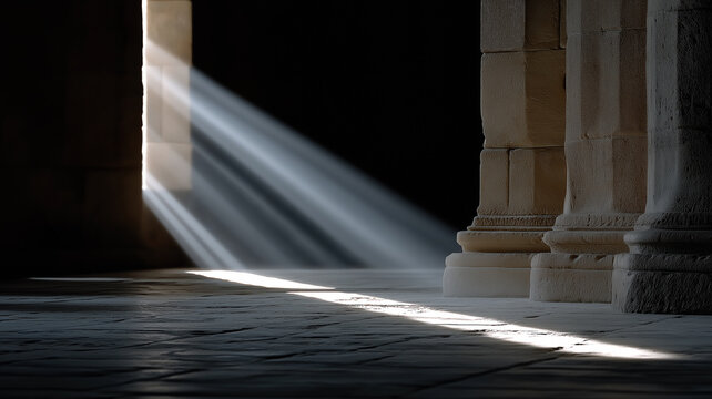 Dramatic sunbeams shining inside old temple interior with intricate stone carvings and mystical shadows symbolizing faith, peace, enlightenment, and sacred divine light in warm golden tones