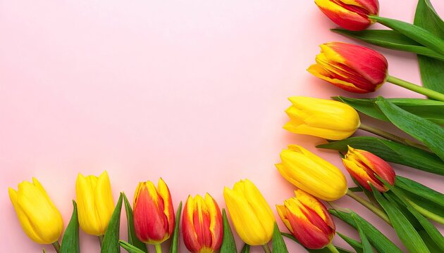 Tulips arranged diagonally on pale pink background