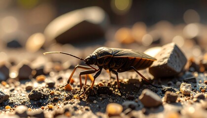Close-up of a dark insect on gravel